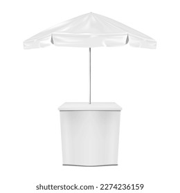 White promotional table counter with umbrella vector mockup. Blank parasol advertising stand realistic mock-up. Market stall. Template for design