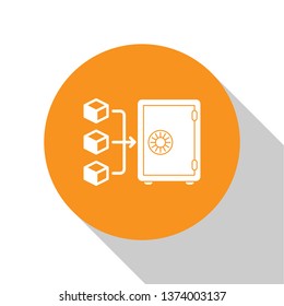White Proof of stake icon isolated on white background. Cryptocurrency economy and finance collection. Orange circle button. Flat design. Vector Illustration