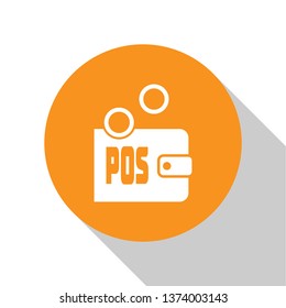 White Proof of stake icon isolated on white background. Cryptocurrency economy and finance collection. Orange circle button. Flat design. Vector Illustration