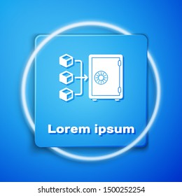 White Proof of stake icon isolated on blue background. Cryptocurrency economy and finance collection. Blue square button. Vector Illustration