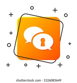 White Protection of personal data icon isolated on white background. Speech bubble and key. Orange square button. Vector Illustration