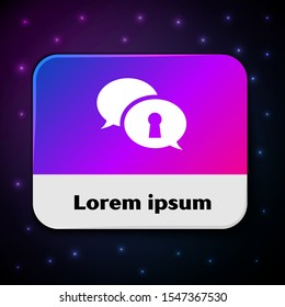 White Protection of personal data icon isolated on black background. Speech bubble and key. Rectangle color button. Vector Illustration