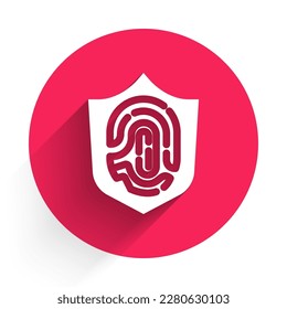 White Protection shield encoded fingerprint icon isolated with long shadow. ID app icon. Identification sign. Safety finger scan concept. Red circle button. Vector