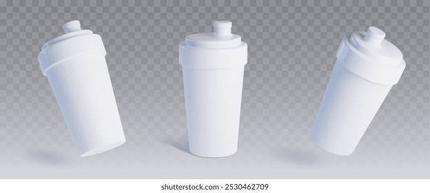 Garrafa de plástico de coquetel de proteína branca em diferentes ângulos sobre fundo transparente. Realista vetor 3d ilustração conjunto de ginásio e fitness esporte água reutilizável recipiente mockup para branding.