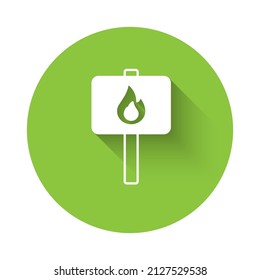 White Protest icon isolated with long shadow background. Meeting, protester, picket, speech, banner, protest placard, petition, leader, leaflet. Green circle button. Vector