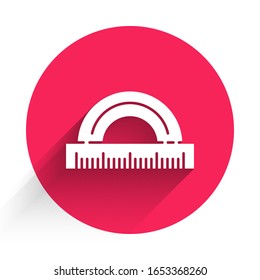 White Protractor grid for measuring degrees icon isolated with long shadow. Tilt angle meter. Measuring tool. Geometric symbol. Red circle button. Vector Illustration