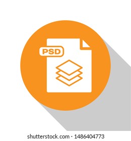 White PSD file document. Download psd button icon isolated on white background. PSD file symbol. Orange circle button. Vector Illustration