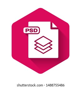 White PSD file document. Download psd button icon isolated with long shadow. PSD file symbol. Pink hexagon button. Vector Illustration