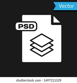 White PSD file document. Download psd button icon isolated on black background. PSD file symbol.  Vector Illustration