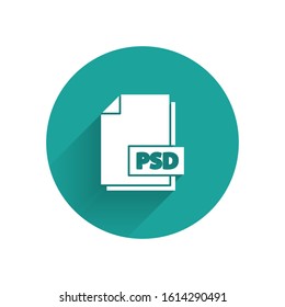 White PSD file document. Download psd button icon isolated with long shadow. PSD file symbol. Green circle button. Vector Illustration