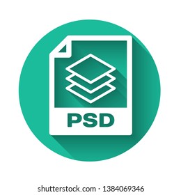 White PSD file document icon. Download psd button icon isolated with long shadow. PSD file symbol. Green circle button. Vector Illustration