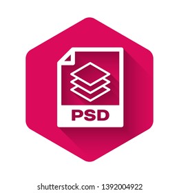 White PSD file document icon. Download psd button icon isolated with long shadow. PSD file symbol. Pink hexagon button. Vector Illustration