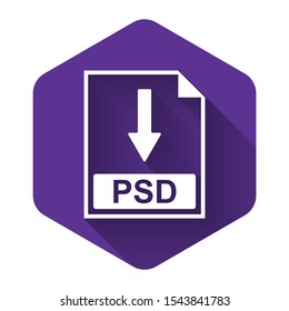 White PSD file document icon. Download PSD button icon isolated with long shadow. Purple hexagon button. Vector Illustration