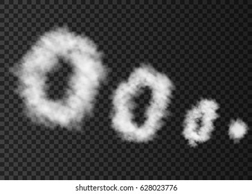 White  puff  of  smoke  isolated on transparent background.  Steam rings from  smoking pipe special effect.  Realistic  vector rising circles of  fog or mist texture .
