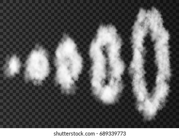 White  puff  of  smoke  isolated on transparent background.  Steam rings from  smoking pipe texture.  Realistic  vector rising circles of  fog or mist special effect. 