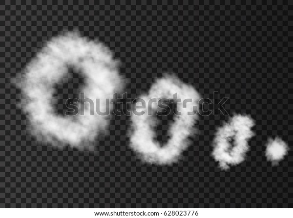 White  puff  of \
smoke  isolated on transparent background.  Steam rings from \
smoking pipe special effect.  Realistic  vector rising circles of \
fog or mist texture .\
