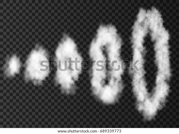White  puff  of  smoke \
isolated on transparent background.  Steam rings from  smoking pipe\
texture.  Realistic  vector rising circles of  fog or mist special\
effect. \
