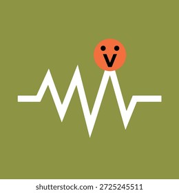 Una línea de pulso blanca con picos afilados y una cara sonriente naranja en la parte superior, colocada sobre un fondo verde. Diseño sencillo y alegre.
