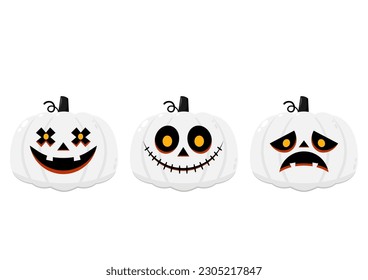 White Pumpkin head set. Cute and scary halloween pumpkin monster set. Holidays cartoon character in flat style collection.