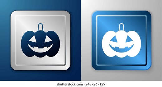 White Pumpkin icon isolated on blue and grey background. Happy Halloween party. Silver and blue square button. Vector
