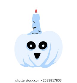 White Pumpkin With A Lit Candle On Top Symbolizing Light, Halloween, And Festivity, In Flat Vector Illustration, Isolated On White Background.