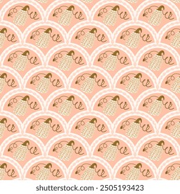 White pumpkin scallop seamless pattern. Textured stylized halloween ripe butternut squash arch repeat background. Autumn retro endless design. Vector hand drawn illustration.