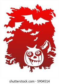 White pumpkin silhouette and bats on a red grunge background.