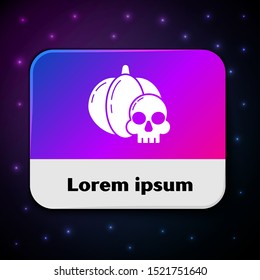White Pumpkin and skull icon isolated on black background. Happy Halloween party. Rectangle color button. Vector Illustration