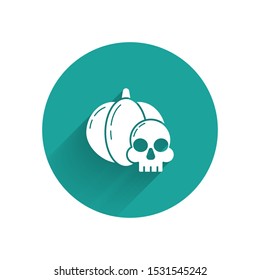 White Pumpkin and skull icon isolated with long shadow. Happy Halloween party. Green circle button. Vector Illustration