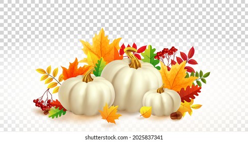 Calabazas blancas y hojas de otoño sobre fondo transparente. Invitación al festival de otoño. Plantilla de fiesta de otoño. Postal o pancarta. 3d ilustración vectorial realista.