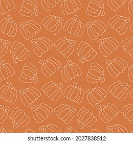 White pumpkins on an orange background in a simple doodle style. Seamless vector pattern for fabric, paper. Autumn illustration for Thanksgiving or Halloween celebration.