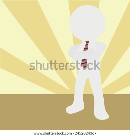 White puppet character standing in imposing pose with arms crossed on a radiant yellow background