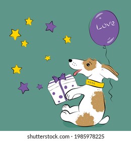 A white puppy with brown spots holding a gift. Purple balloon behind with the word "Love". Stars all around. A picture to congratulate on a holiday.