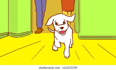 White puppy happily running through the room from the door. Dog at home. Owners and pet. Cartoon colorful vector sketch.