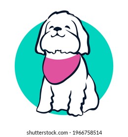 White puppy with pink bandana. Fluffy cartoon happy dog symbol vector illustration