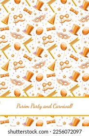 White Purim carnival seamless pattern with Purim holiday symbols, hats, clown's mask, carnival mask, hats, balloons and confetti. Pattern for wrapping paper, gifts, prints, backgrounds.