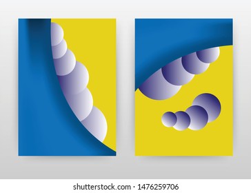 White purple 3d round circular elements on yellow blue geometric design for annual report, brochure, flyer, poster. Geometric background. Abstract A4 brochure template. Flyer vector illustration.