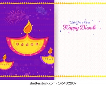 White and purple abstract background with illustration of illuminated oil lamp for Wish you a very Happy Diwali festival message card or template design.