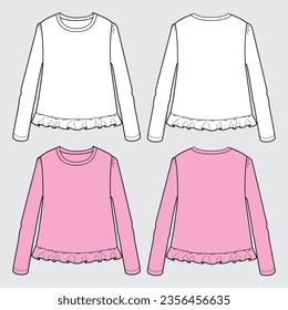 White and purple color long sleeve t shirt blouse tops technical drawing fashion flat sketch vector illustration for baby girls.