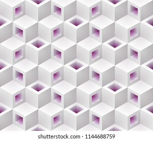 White purple cubes isometric seamless pattern. Vector geometric tileable background.