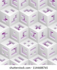 White purple cubes isometric seamless pattern. Vector tileable background. Blockchain technology concept.