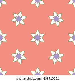 White purple flowers seamless pattern on pink background. Fashion design. Modern spring, summer stylish abstract. Template for prints, textile, wrapping and decoration, wallpaper. Vector illustration.