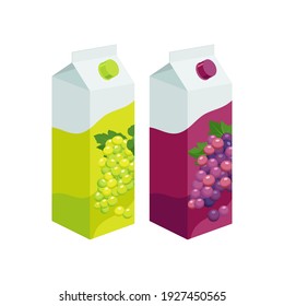 Empaque de jugo de uva blanco y morado. Producto de uva, ilustración vectorial aislada en fondo blanco.
