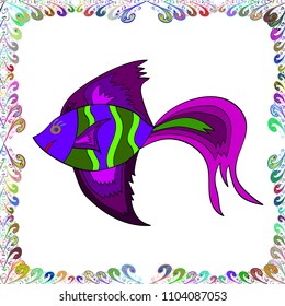 White, purple and green. Seamless. Watercolor texture fish pattern. Vector illustration.