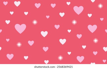 White and purple hearts are randomly scattered on a pink background. Seamless pattern. Valentines background for paper, cover, textile, gift wrap, wallpaper. Flat style. Festive background.