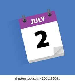 White and purple Icon calendar of day 2 of July, with numbers in black color and text in white color, with shadow, isolated in a blue background.