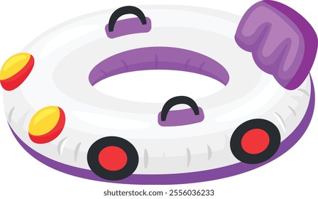 White and purple inflatable car shaped swimming ring with colorful details, handles, and a backrest, perfect for enjoying summer days in the pool