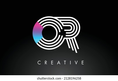 OR White Purple Lines Letter Logo. Creative Line Letters Design Vector Template.