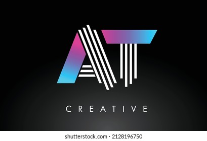 AT White Purple Lines Letter Logo. Creative Line Letters Design Vector Template.