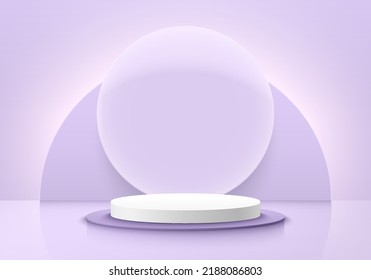 White, purple luxury geometric pedestal podium with glowing semi circle background. Vector abstract studio room with 3D platform design. Minimal scene for mockup products. Showcase, Promotion display.